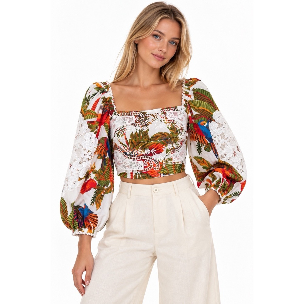 FARM Rio Forest Birds Floral Crop Top Lace Puff Sleeve Blouse XS Vacation Tropic